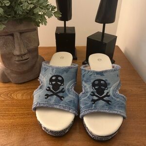 Women’s Denim Skull Slide Sandals